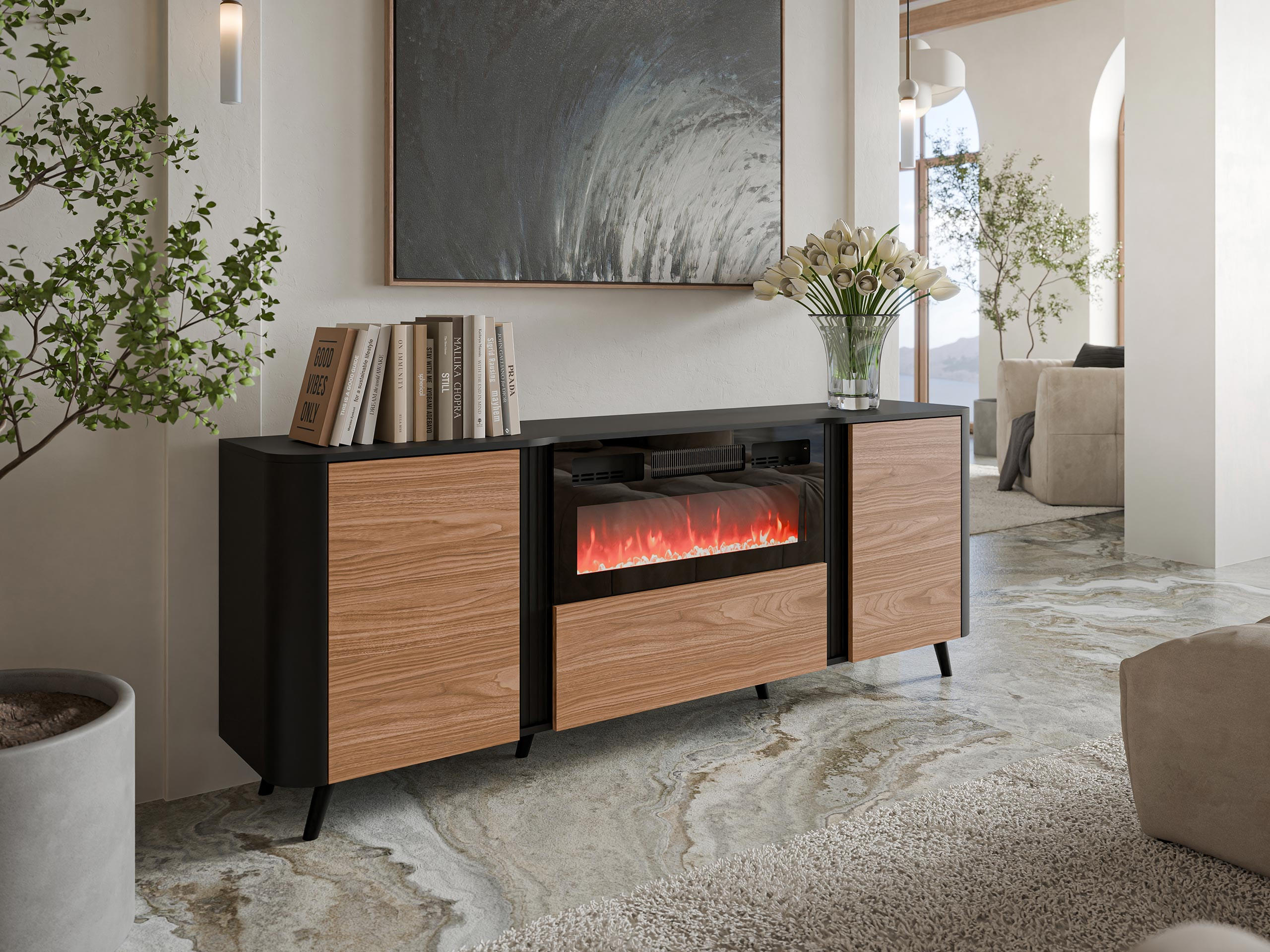 KOMMODE Volare 200 EF mit Kamin - Nussbaumfarben/Schwarz, Holzwerkstoff/Kunststoff (200/76/39cm) - MIRJAN24