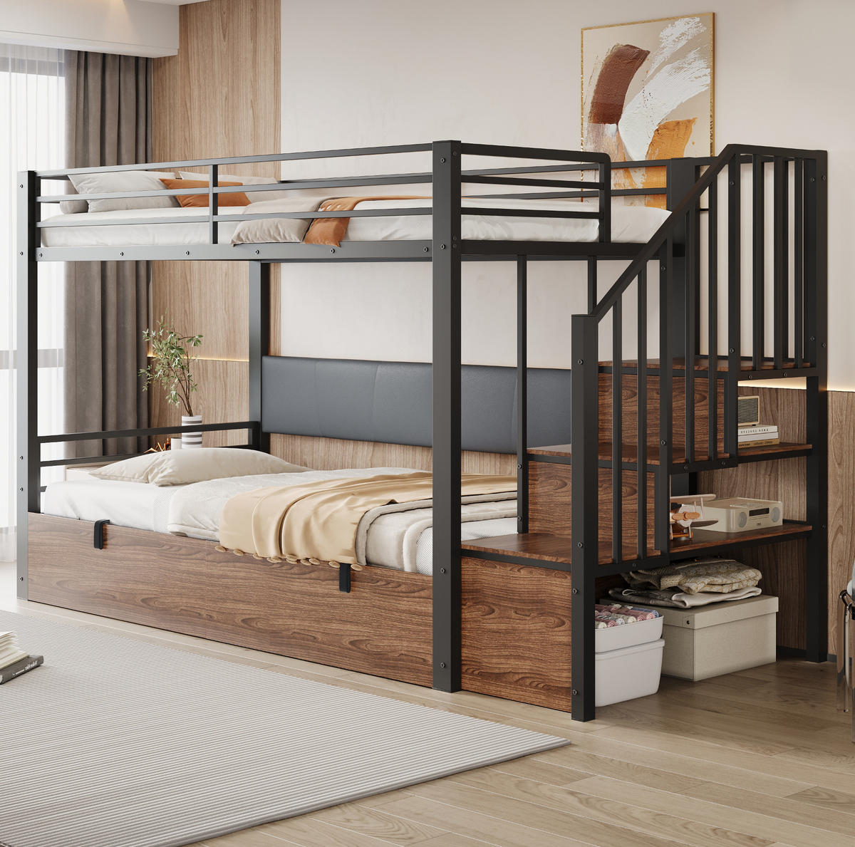 HOCHBETT 90/200 cm aus Metall und MDF mit Stauraumtreppe Schwarz - Schwarz, Holzwerkstoff (90/200cm) - Modenvie