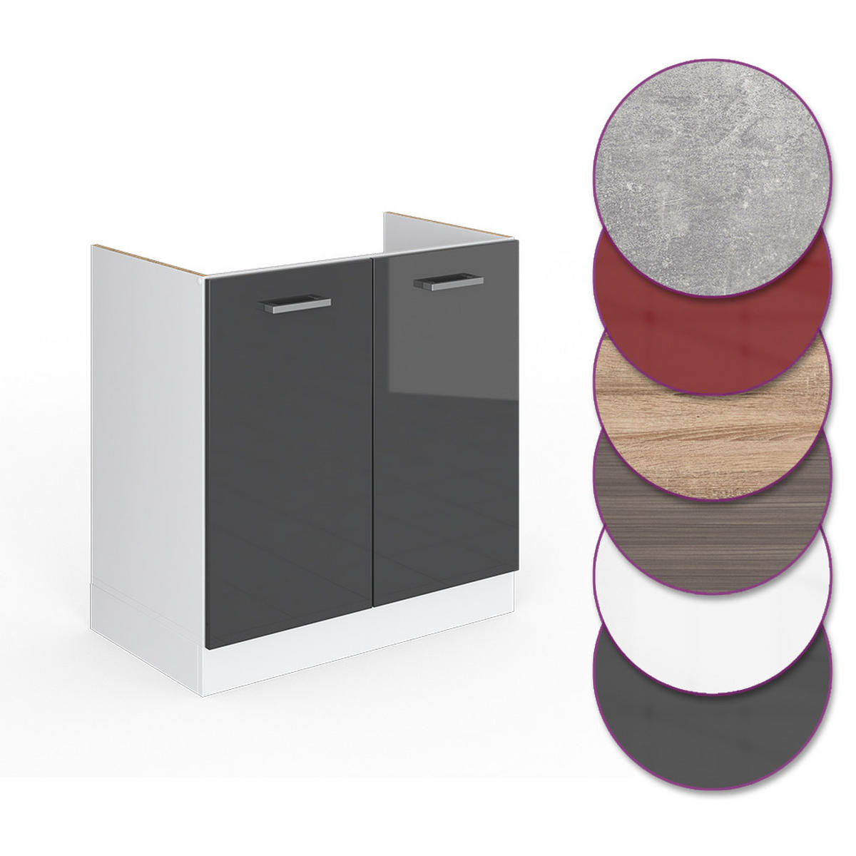 SPÜLENUNTERSCHRANK R-Line Anthrazit Hochglanz 80 cm ohne AP - Schwarz Hochglanz/Anthrazit, Holzwerkstoff (80/81.6/46cm) - Vicco