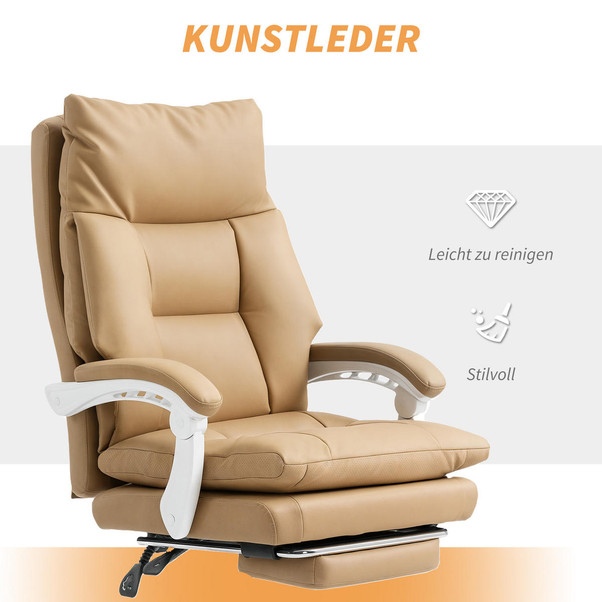 BÜROSTUHL Ergonomischer Schreibtischstuhl mit Lendenwirbelstütze, Fußstütze - Hellbraun/Silberfarben, Kunststoff/Metall (65/121/76cm) - HOMCOM