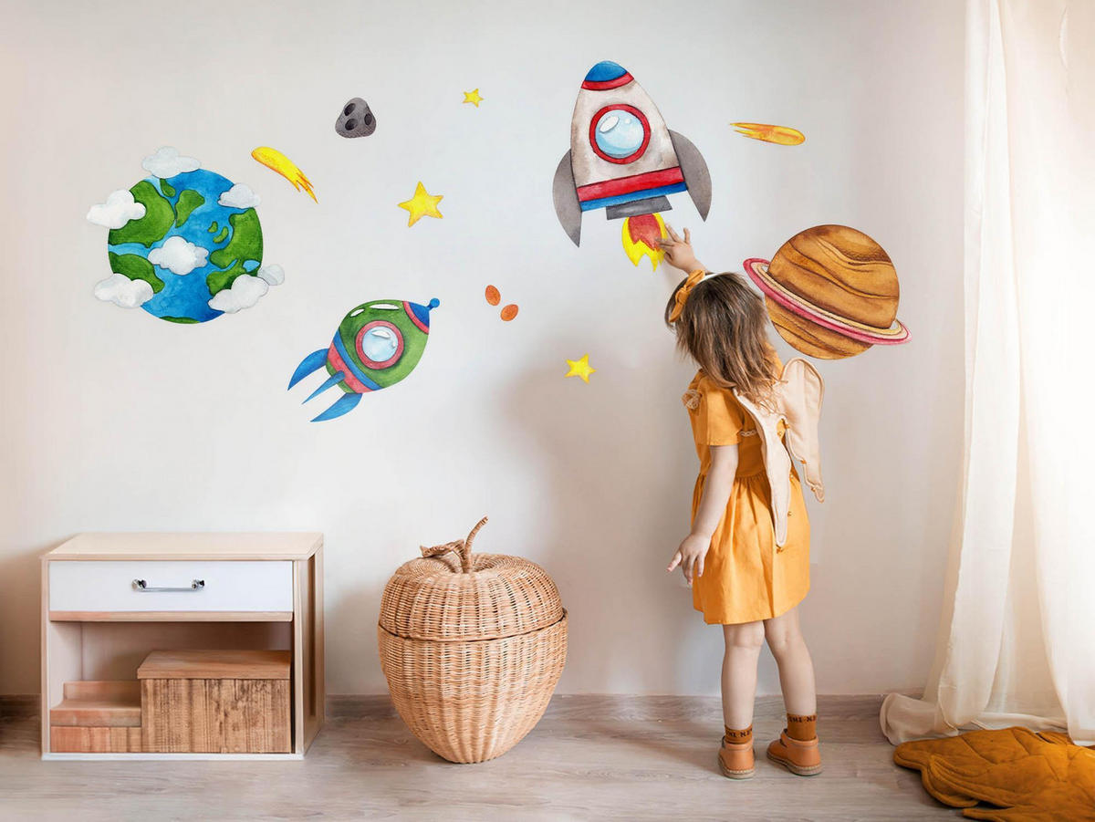 WANDAUFKLEBER 80x135cm - Erde Raketen Sterne - Multicolor, Kunststoff (80/135/0.1cm) - Wallfluent