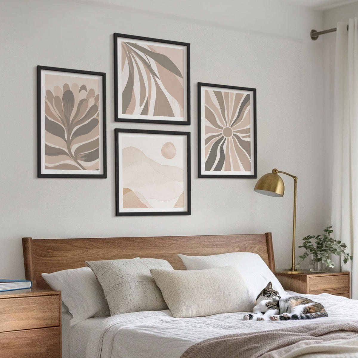 BILDER SET 4er Set - 50x50 cm & 40x60 cm Schwarzer Rahmen - Abstrakte Pflanzenmuster - Schwarz, Kunststoff (50/50cm) - TULUP