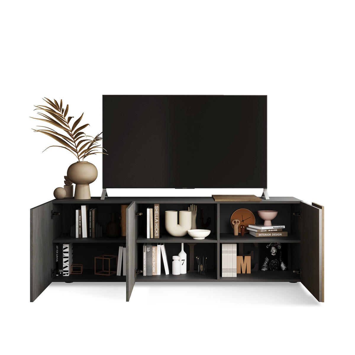 TV-MÖBEL 3 Schwingtüren Pluton - L181 cm - Nussbaumfarben, Holzwerkstoff (44/57/181cm) - Calicosy