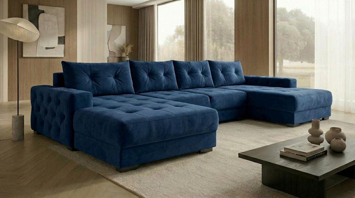 ECKSOFA MODENA 320 cm x 185 cm – Stoff: VELUTTO Blau 11 Farbe: Blau - Blau, Textil (320/185cm) - A&J MöbelLand