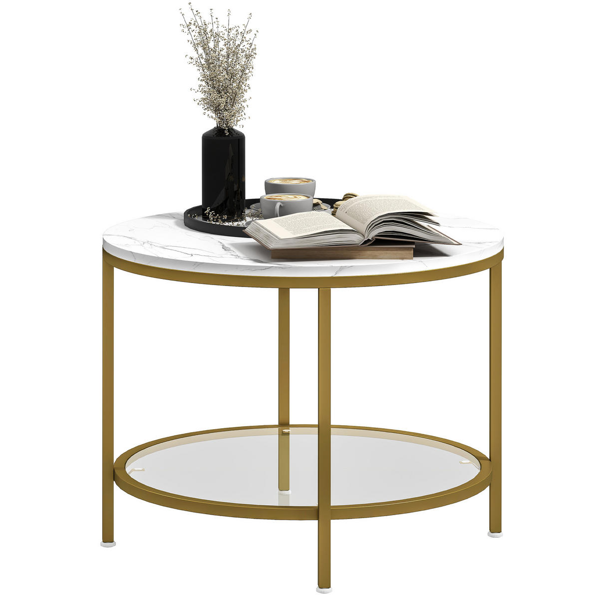 COUCHTISCH DE-15785 mit Marmoroptik & Glasablage Weiß - Weiß, Holzwerkstoff (60/60/45cm) - ComfortXL