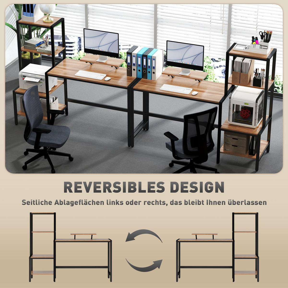 SCHREIBTISCH Computertisch mit Monitorständer, CPU-Ständer, 150 x 48 x 125 cm, Braun - Braun, Holzwerkstoff (150/48/125cm) - HOMCOM