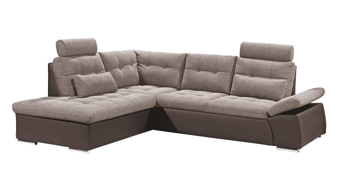 ECKSOFA mit Schlaffunktion, Armlehnfunktion und Kopfstützen - Chromfarben/Beige, Textil (260/219cm) - ed exciting design