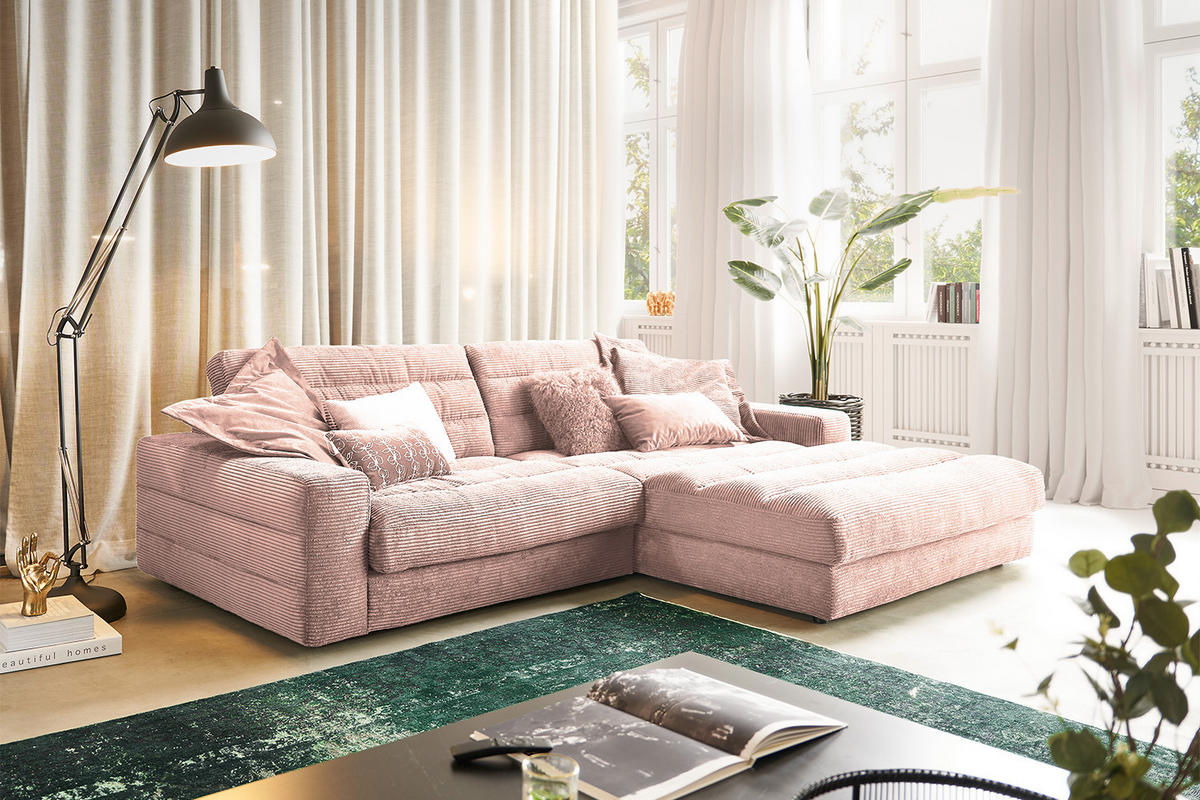 ECKSOFA LANA SOFA Pink Cord - Pink/Schwarz, Textil (296/205cm) - KAWOLA