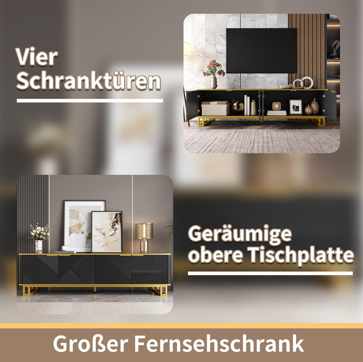 LOWBOARD in Schwarz und Gold TV-Schrank mit vier Türen für Wohnzimmer, B160/T37.5/H48 cm - Goldfarben/Schwarz, Holzwerkstoff/Metall (160/48/37.5cm) - STILVORA