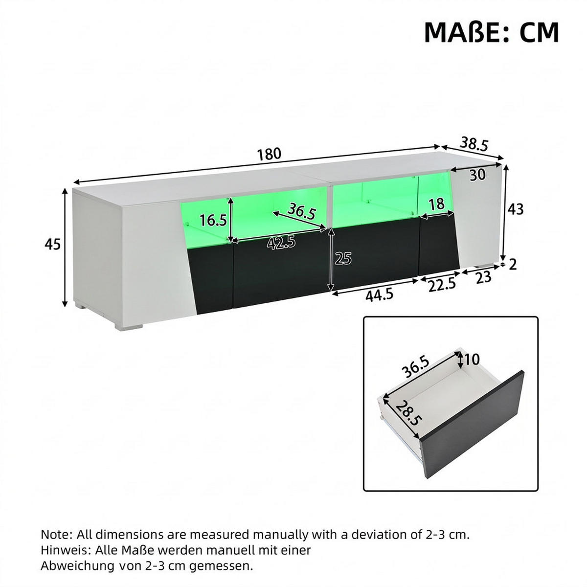 TV-SCHRANK 180/38,5/45 cm Weiß mit LED und 2 Schubladen - Schwarz, Holzwerkstoff (180/45/38.5cm) - Oxeza