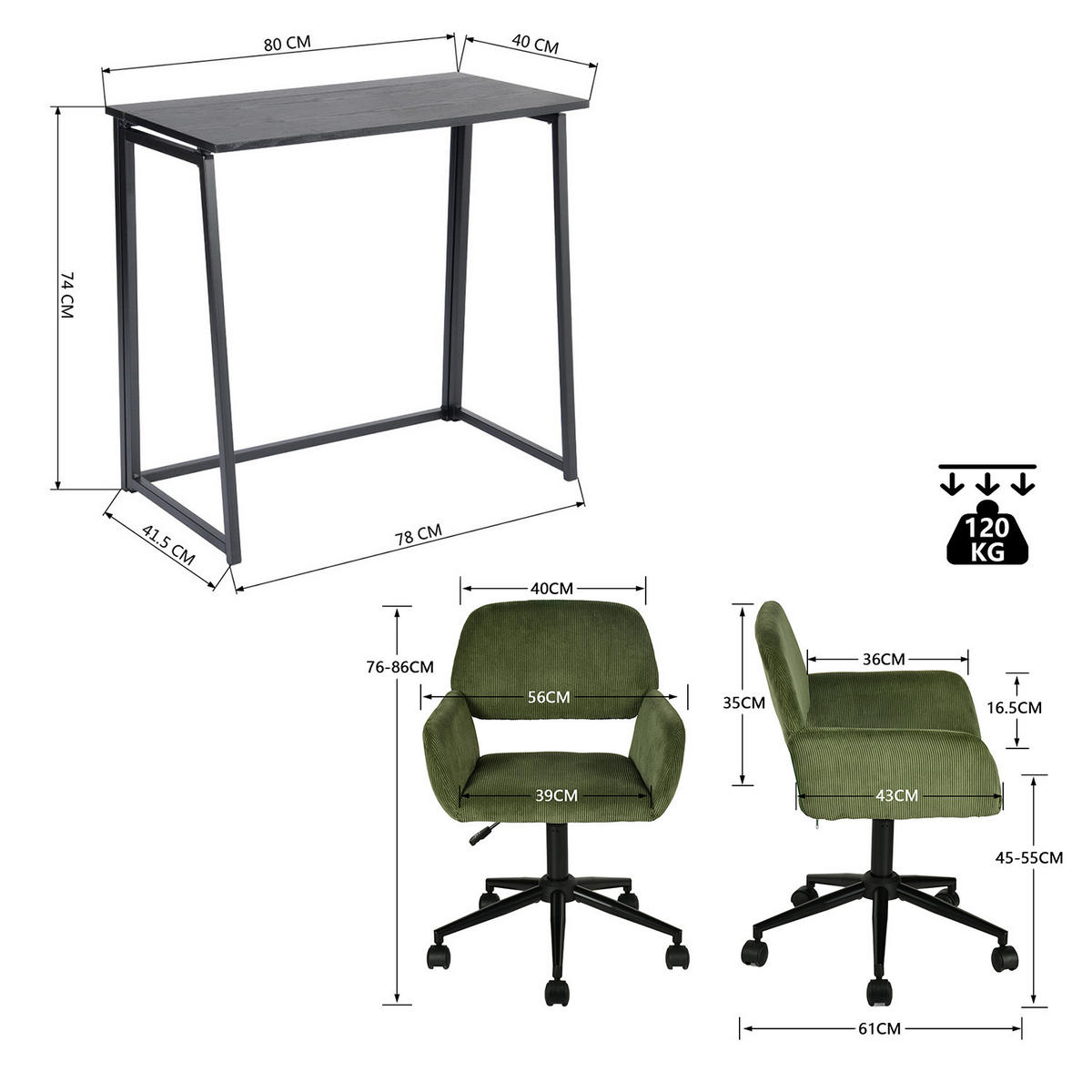 SCHWARZER Klapptisch & Grüner Stuhl Set - Grün, Metall (41/80/74cm) - Meubles Cosy