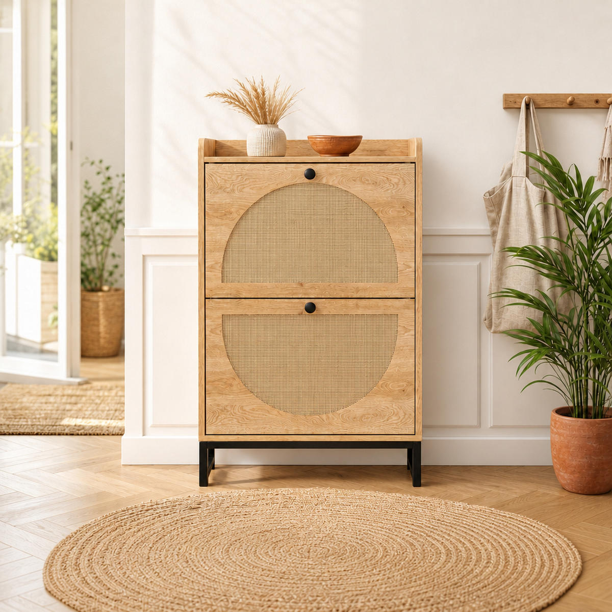 SCHUHSCHRANK Natur Rattanoptik 2 Klappen Metallbeine 90 cm - Hellbraun, Holzwerkstoff/Metall (60/90/24cm) - Relaxdays