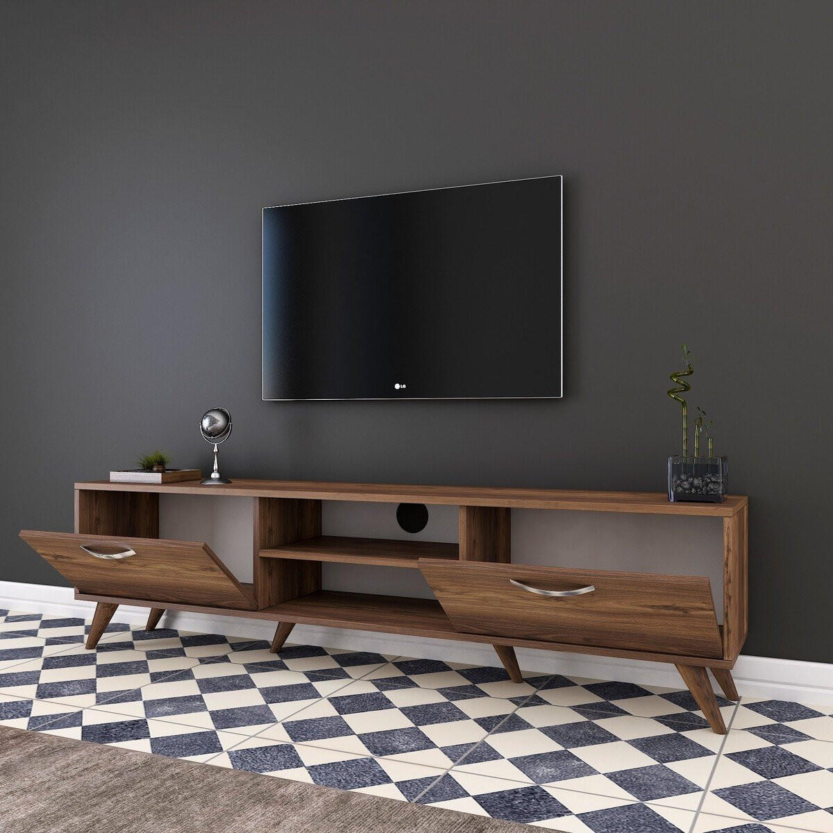 TV-MÖBEL 2 Klapptüren 2 offene Fächer in der Mitte Dekor Walnussholz 35/48,6/180 cm - Nussbaumfarben, Holzwerkstoff (35/48.6/180cm) - Calicosy