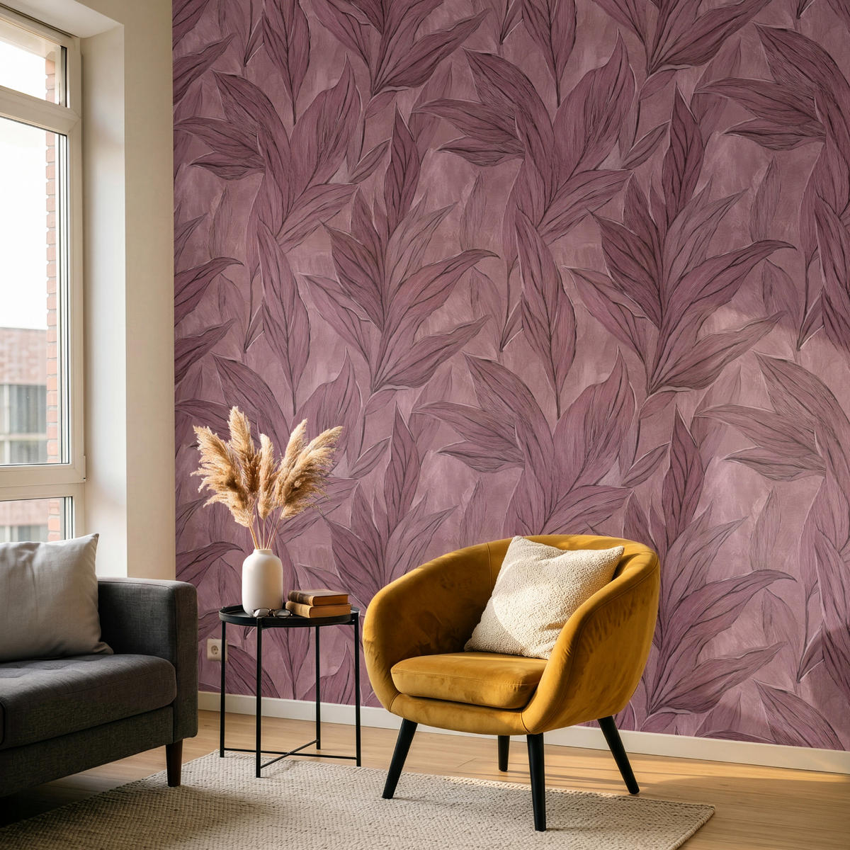 TAPETE - Blätter - Muster - Lila - 240x240 cm - Altrosa, Papier (240/240cm) - OnlyWow