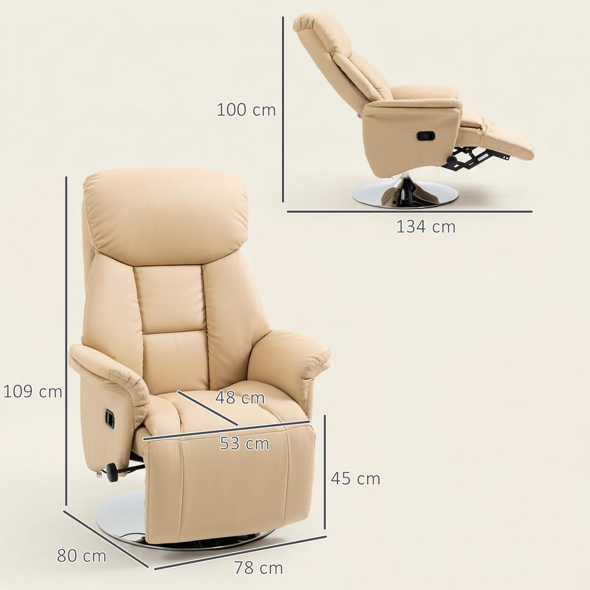 RELAXSESSEL, Fernsehsessel mit manuell Verstellbarer Rückenlehne, Fußteil, Beige - Beige/Silberfarben, Metall (78/109/80cm) - HOMCOM
