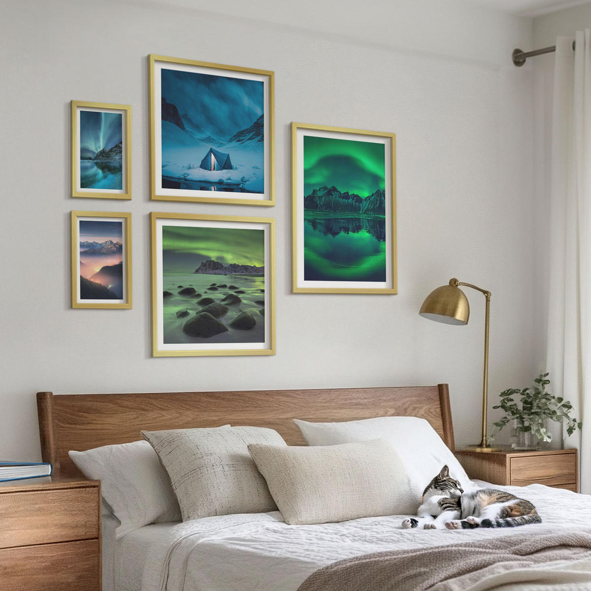 BILDER SET 5er Set - 50x50 cm & 20x30 cm & 40x60 cm Goldrahmen - Stilvolle Pflanzenmuster und Geometrie - Goldfarben, Kunststoff (40/60cm) - TULUP