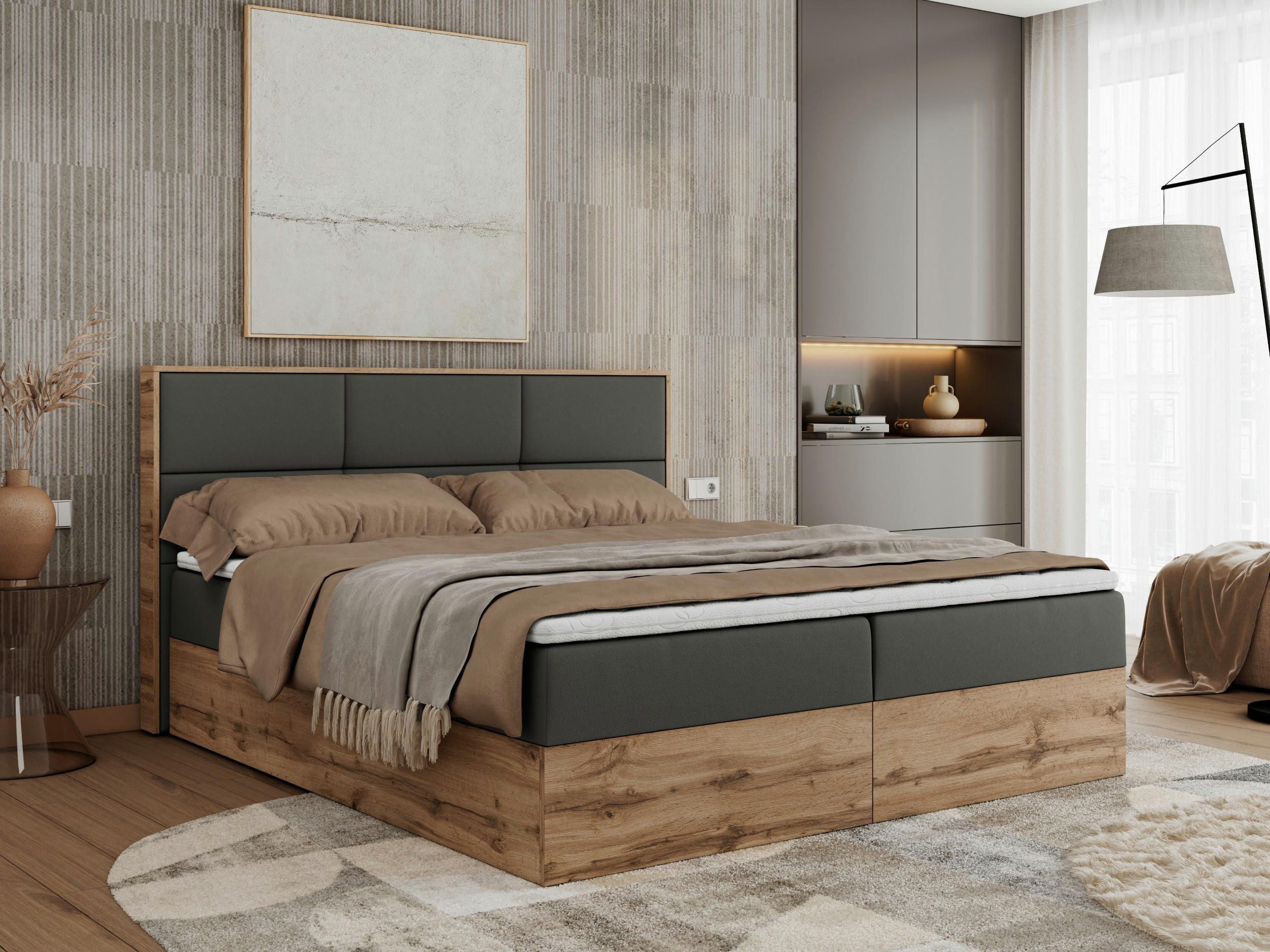 BOXBETT ALBERO 2 - 200/200 Dunkelgrau Kunstleder - H3 - Dunkelgrau, Holz/Textil (200/200cm) - MKS