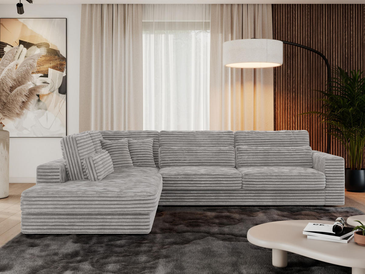 ECKSOFA Savona Hellgrau breiter Cord - links - Hellgrau/Schwarz, Kunststoff/Textil (316/249cm) - MKS