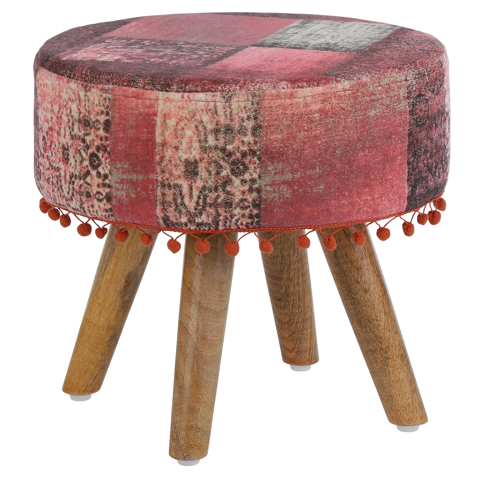 SITZHOCKER Rot rund 38x36 cm mit Holzbeinen und Stoffbezug Boho Vintage - Rot, Holz (38/36/38cm) - WOMO-DESIGN