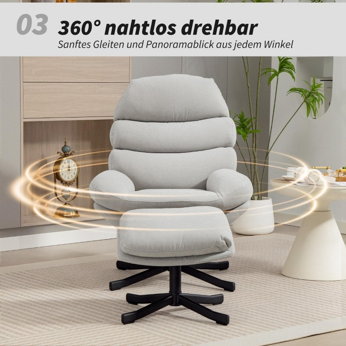RELAXSESSEL mit Hocker Chenille-Stoff 360° drehbar 78/93/100 cm Cremeweiß - Creme, Textil (78/100/93cm) - Redom