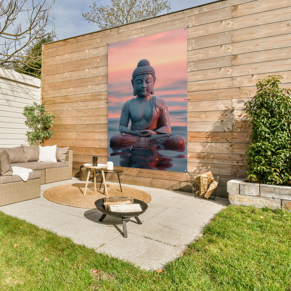 ZAHRADNÍ PLAKÁT Buddha - Socha - Buddha - Voda - Umění - Buddha 120x180 cm - šedohnědá, plast (120/180/0.2cm) - OnlyWow