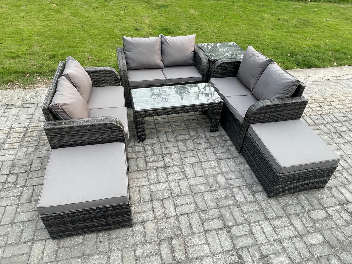 GARTENSOFA SET mit rechteckigem COUCHTISCH Polyrattan 8-Sitzer Dunkelgrau - Dunkelgrau/Grau, Glas/Kunststoff - Fimous