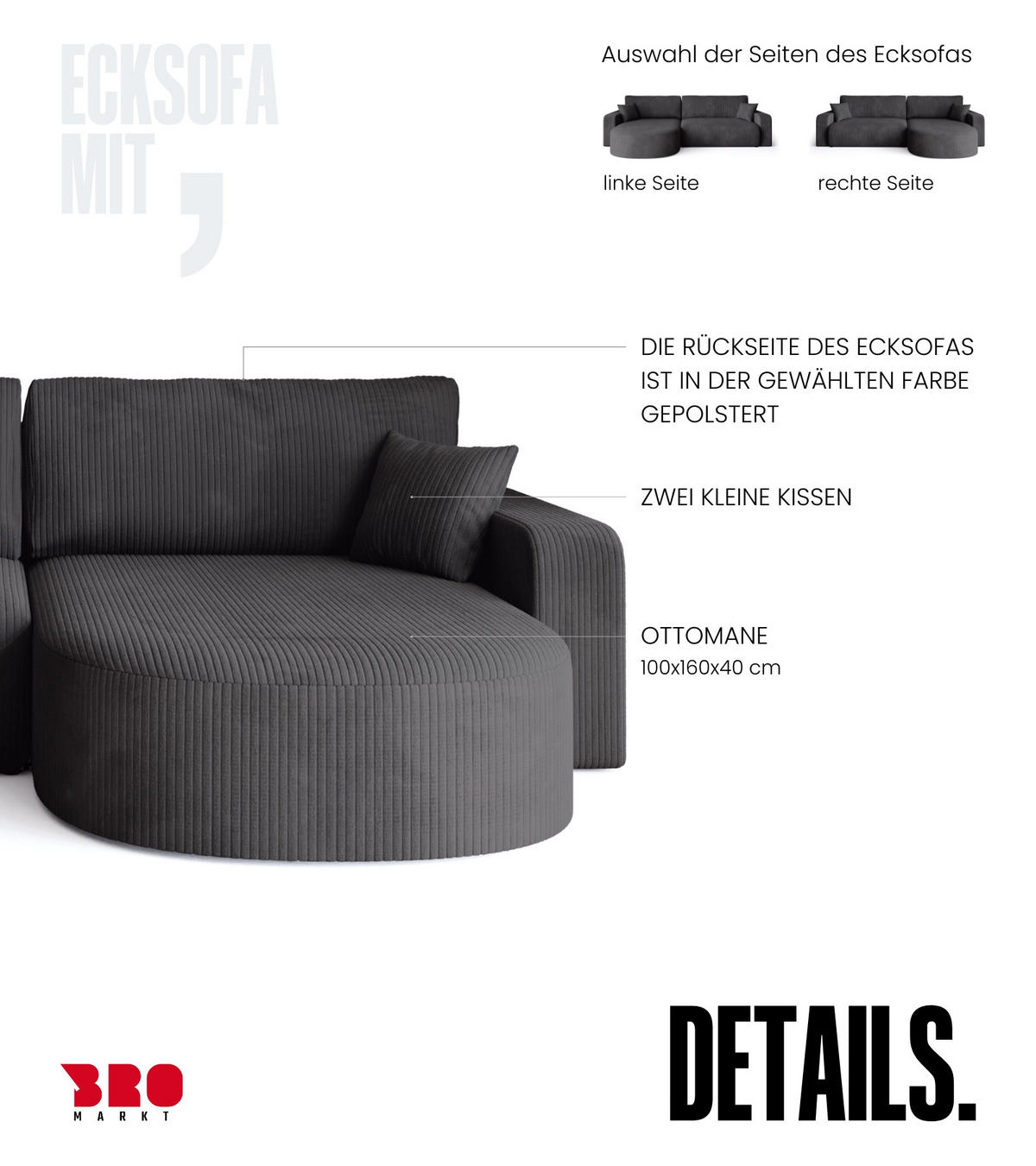 ECKSOFA Bisk mit Schlaffunktion Grau Cordstoff - Grau, Textil (275/170cm) - Bromarkt