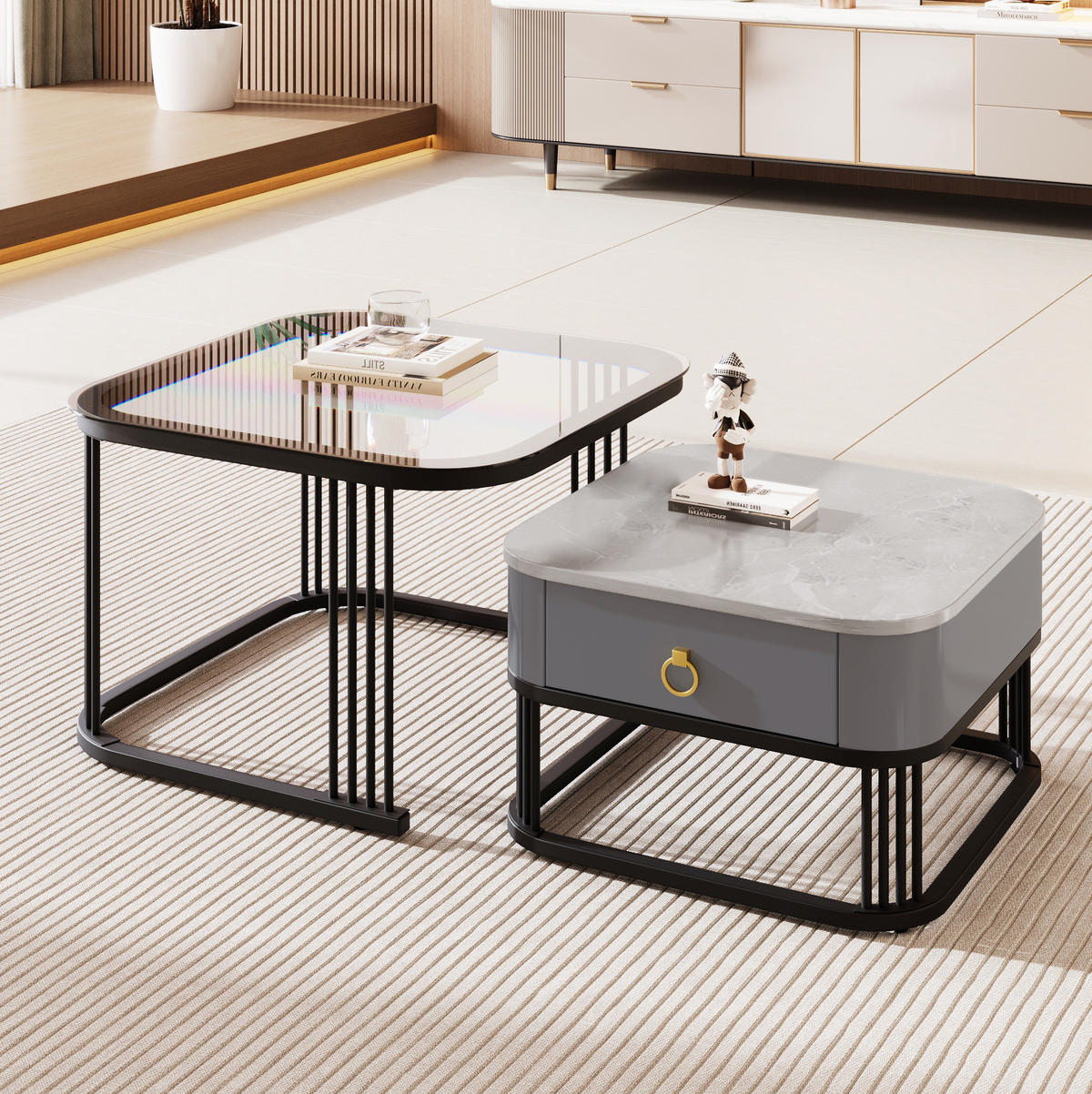 COUCHTISCH MDF mit Marmoroptik & Glas schwarzes Metallgestell integrierte Schublade, 60/60/42 + 50/50/34 cm, Schwarz und Grau - Schwarz, Holzwerkstoff (60/60/42cm) - Redom
