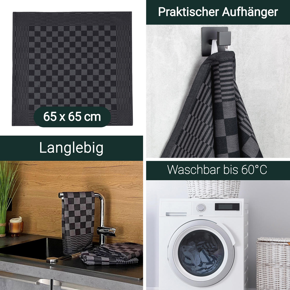 GESCHIRRTÜCHER, 6er-Set, 65x65 cm, 100% Baumwolle, Schwarz - Schwarz, Textil (65/65cm) - Zollner