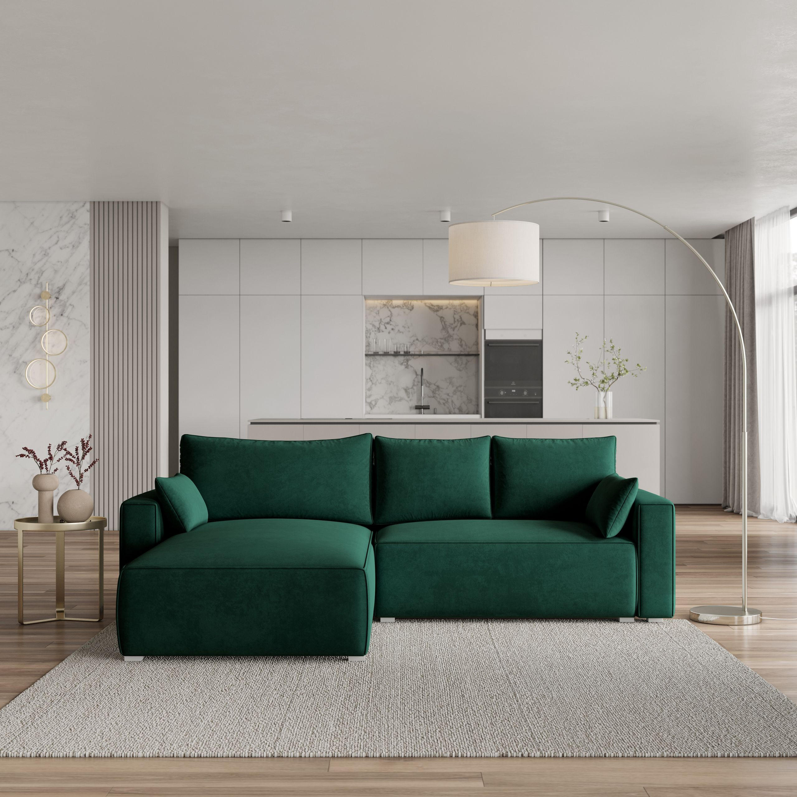 ECKSOFA FORIL Grün Velours-Stoff mit Schlaffunktion - Grün, Holz (265/178cm) - MASSENO