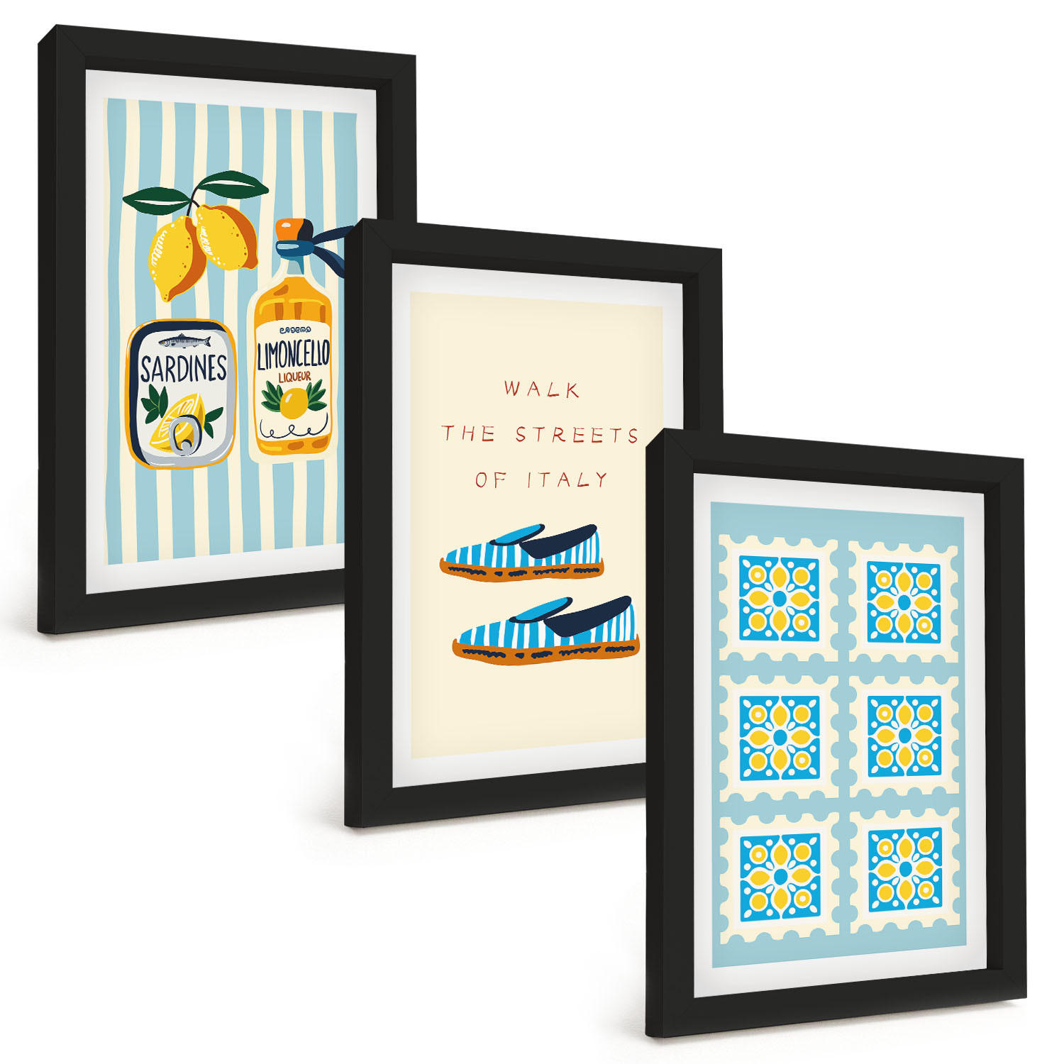BILDER SET 3er Set - 20x30 cm Schwarzer Rahmen - Früchte, Elemente der italienischen Kultur - Schwarz, Kunststoff (20/30cm) - TULUP
