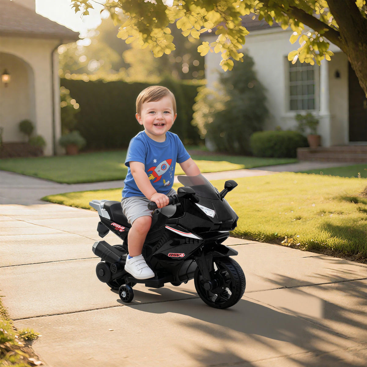 ELEKTRO-KINDERMOTORRAD mit USB Stützrädern und Musik, schwarz - Schwarz, Metall (75/36/49cm) - AIYAPLAY