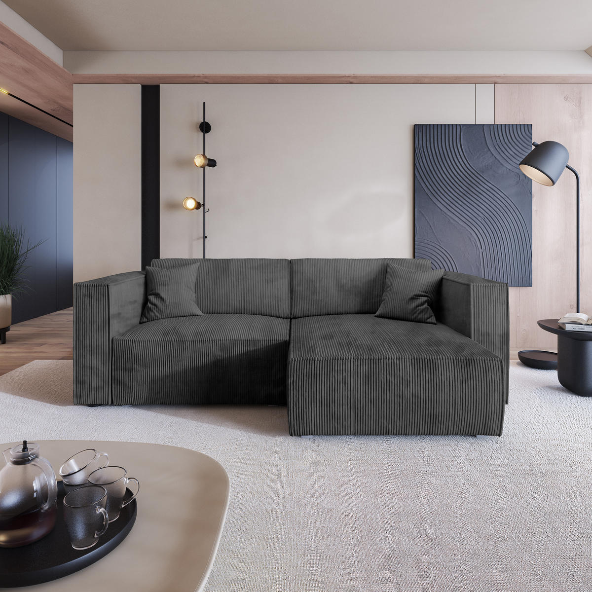 ECKSOFA NERIO P Graphitfarben Kordstoff mit Schlaffunktion - Graphitfarben/Grau, Holz/Kunststoff (245/148cm) - MASSENO