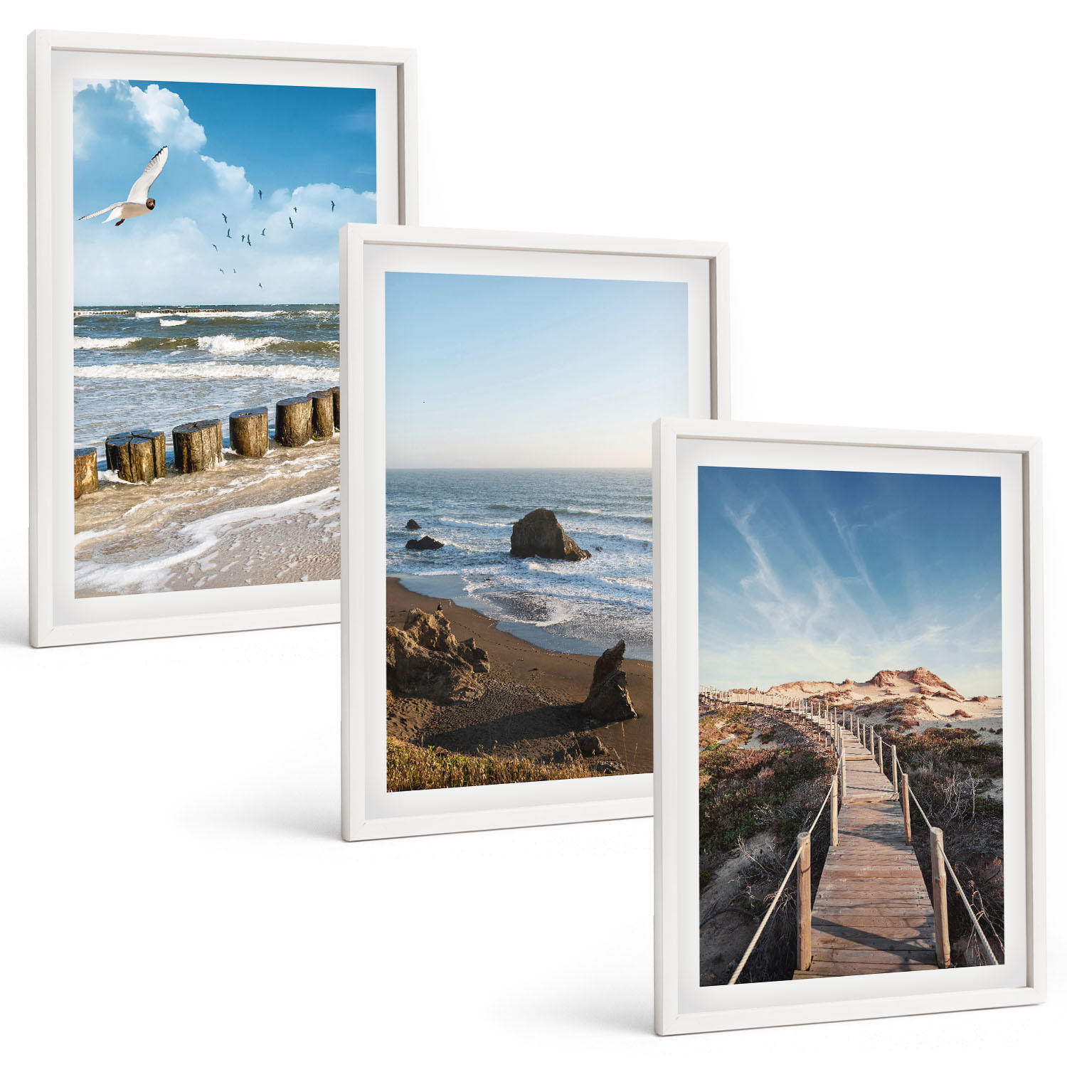 BILDER SET 3er Set - 40x60 cm Weißer Rahmen - Strandwellen, Himmelsbrücke, Spaziergang - Weiß, Kunststoff (40/60cm) - TULUP