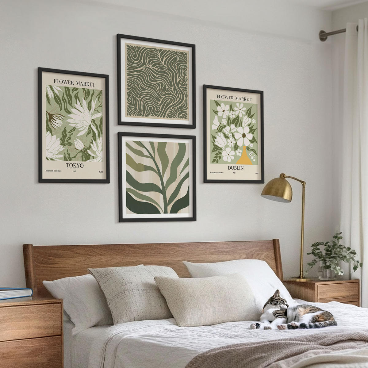 BILDER SET 4er Set - 50x50 cm & 40x60 cm Schwarzer Rahmen - Pflanzenmuster, Boho-Dekorationen - Schwarz, Kunststoff (50/50cm) - TULUP