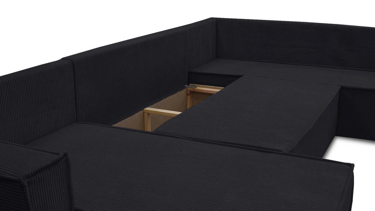 WOHNLANDSCHAFT STYLO U-Form mit Schlaffunktion Bettkasten Cordstoff Poso Schwarz - Schwarz, Kunststoff (315/90/215cm) - Wohnideebilder