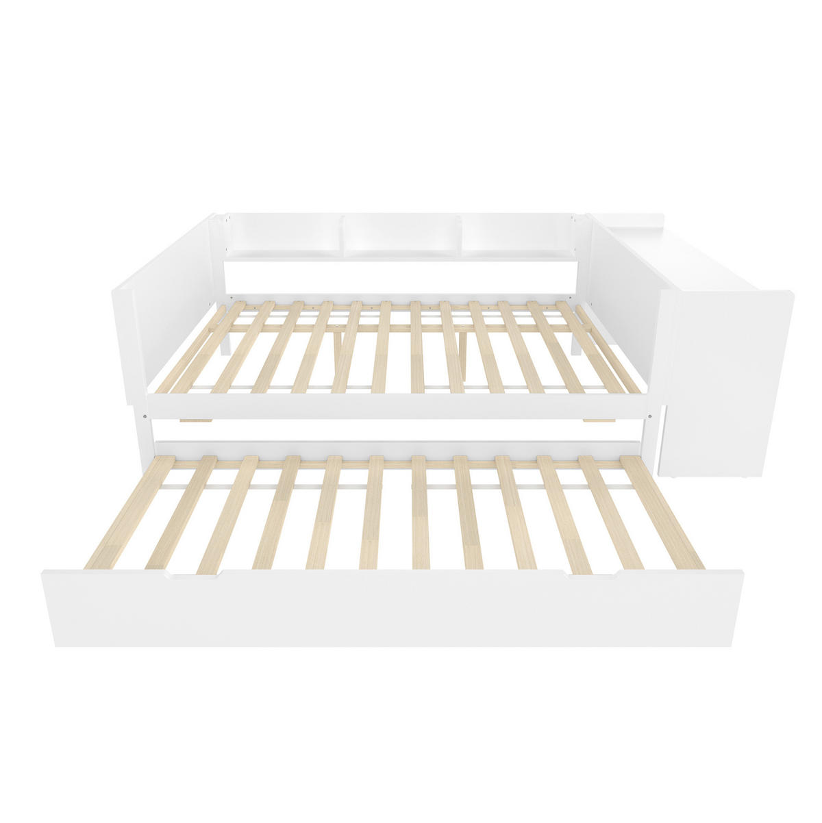 KINDERBETT aus Kiefernholz 140x200 cm Weiß mit Schreibtisch, Rollbett und Regalen - Weiß, Holzwerkstoff (140/200cm) - Modfu