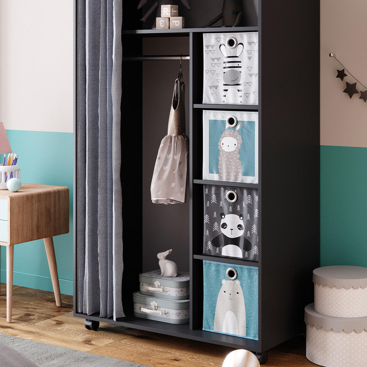 KLEIDERSCHRANK Doros Grau 100 x 168 cm offen, mit Rollen - Grau, Holzwerkstoff (100/168/50cm) - Vicco