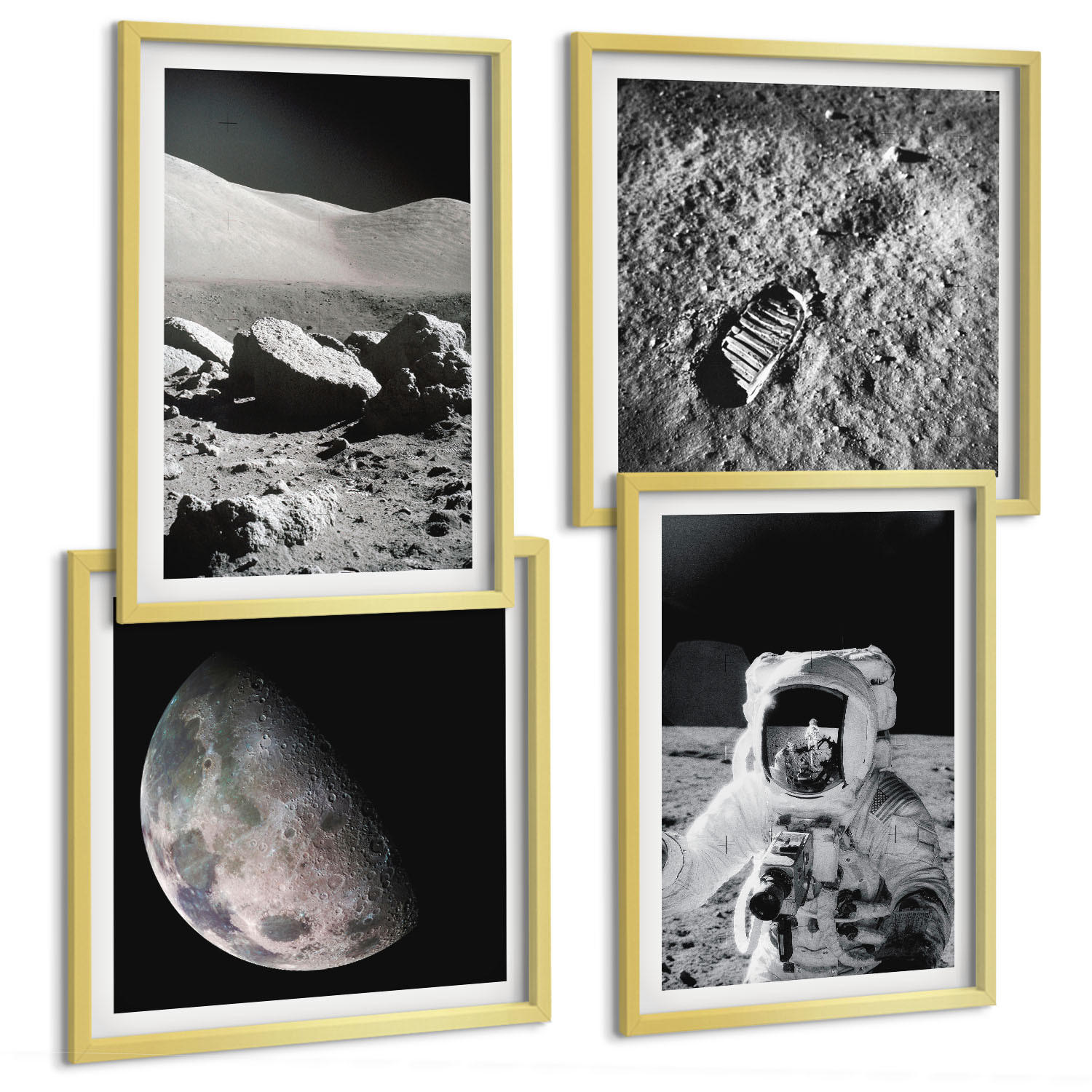 BILDER SET 4er Set - 50x50 cm & 40x60 cm Goldrahmen - Fußabdruck eines Astronauten auf dem Mond - Goldfarben, Kunststoff (50/50cm) - TULUP