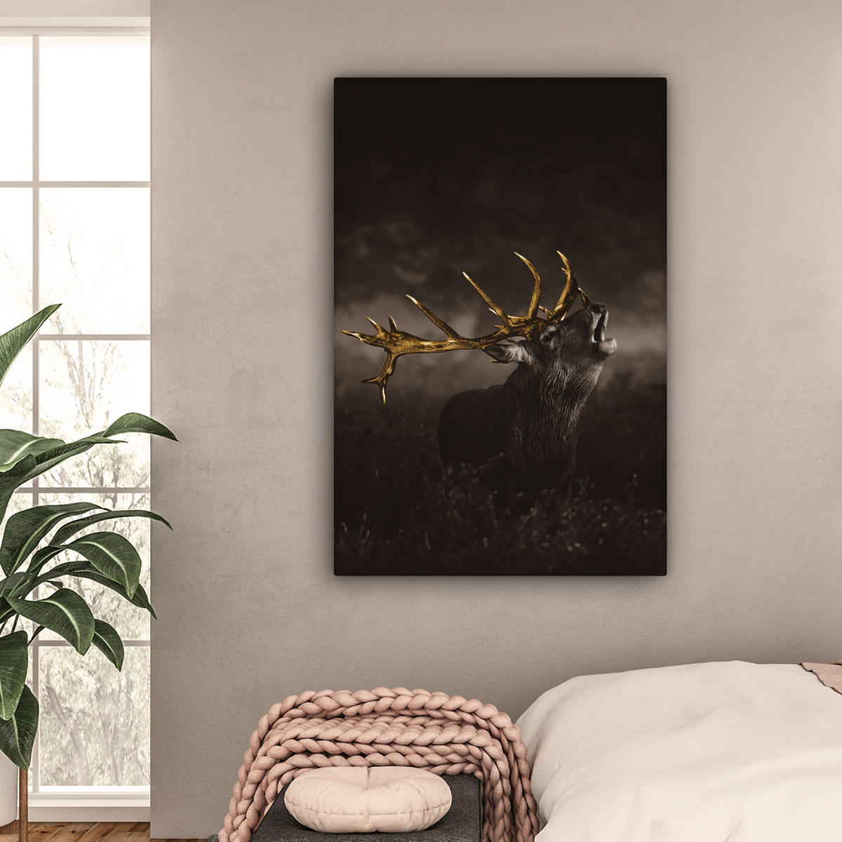 LEINWANDBILD Rotwild - Schwarz - Gold 80x120 cm - Braun, Textil (80/120cm) - MuchoWow