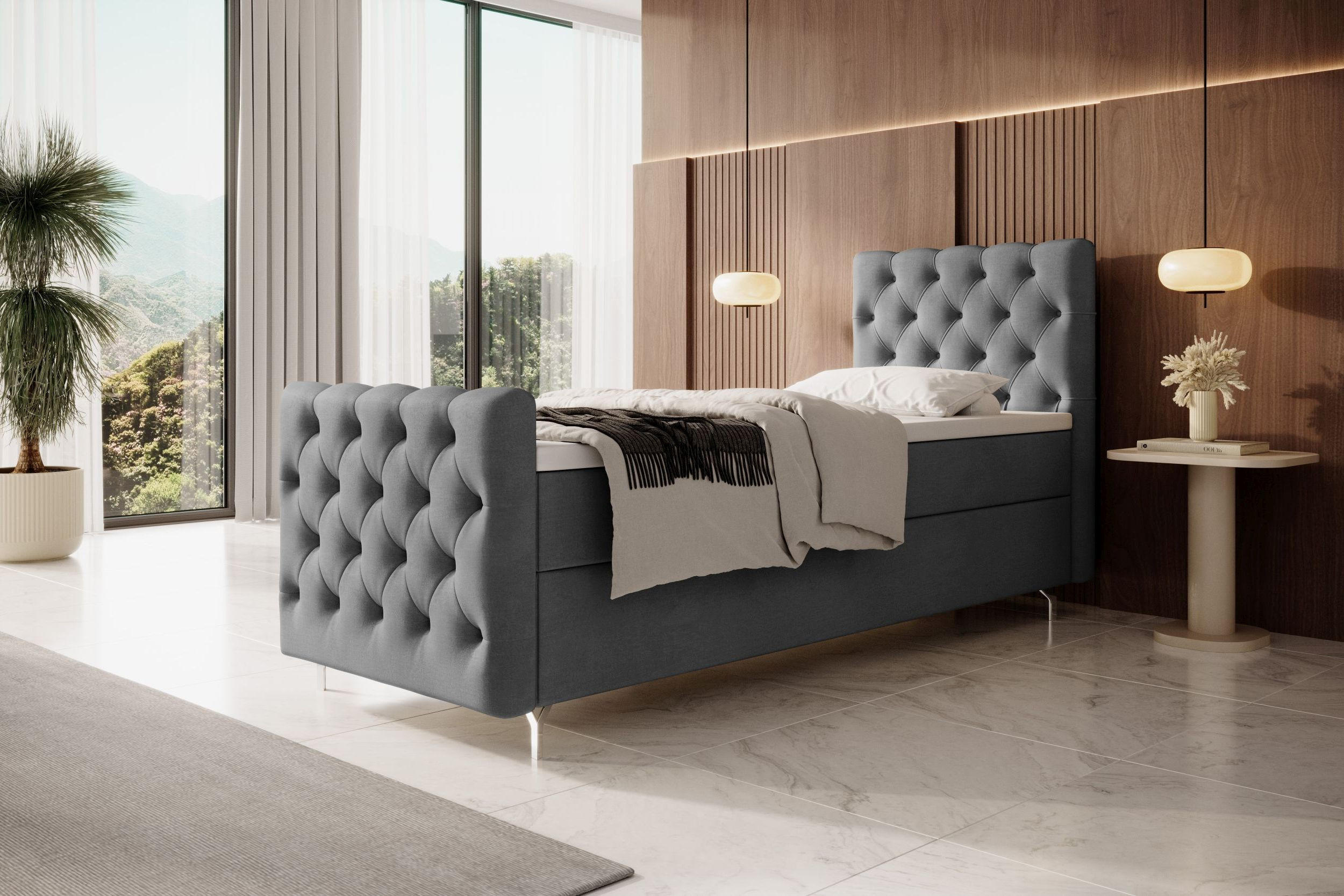 BOXBETT CHESTER PLUS mit Matratze H3, Bonell und Topper 80x200 Monolith 92 Links - Grau, Textil (80/200cm) - Bedante