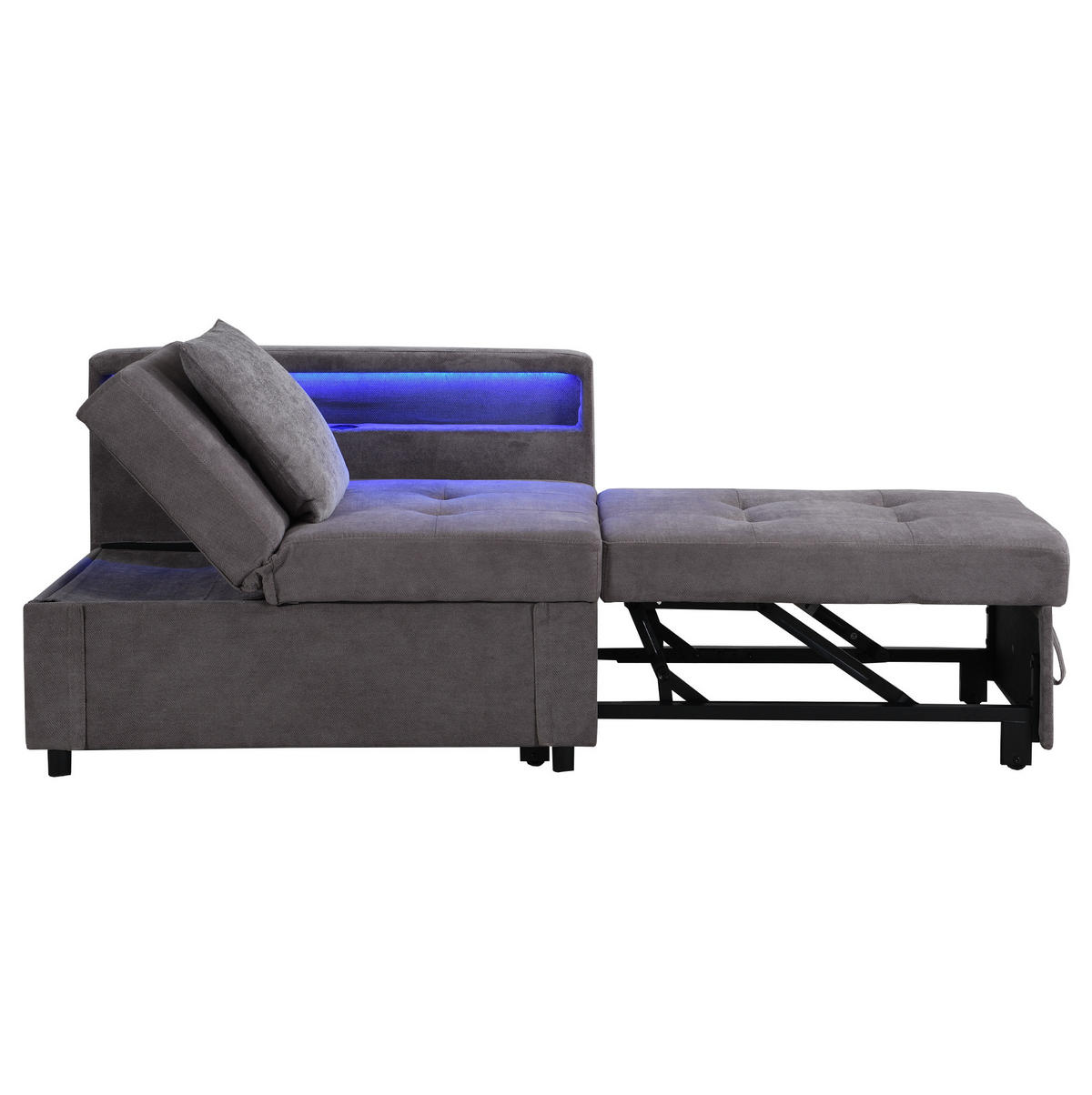 SCHLAFSOFA aus Leinen 177x68x65 cm Dunkelgrau 3-in-1 mit LED, USB-/Typ-C-Anschluss und verstellbarer Rückenlehne - Dunkelgrau, Leder (68/65/177cm) - Modfu
