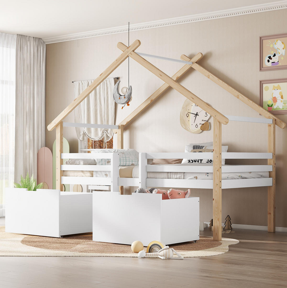 KINDERBETT 90/200 cm mit Hausdach, Treppe, 2 Schließfächern und Rundum-Absturzsicherung, Weiß/Natur - Weiß, Holzwerkstoff (90/200cm) - Redom