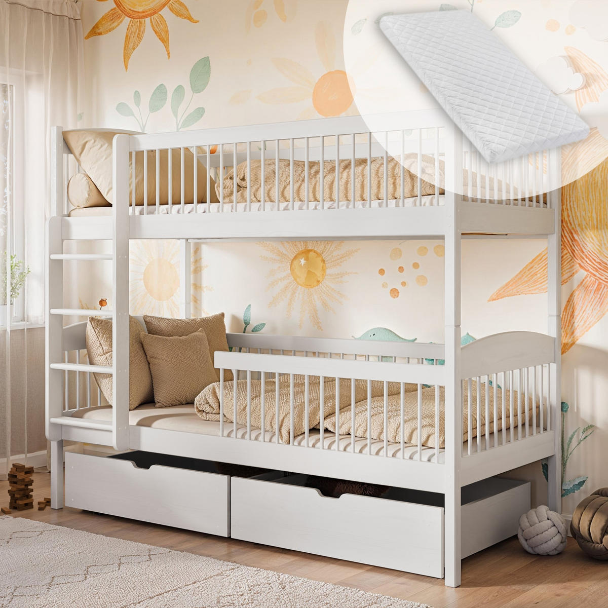 PATROVÁ postel 90x200 se 2 zásuvkami a matrací v bílé barvě - bílá, dřevo - Kids Collective