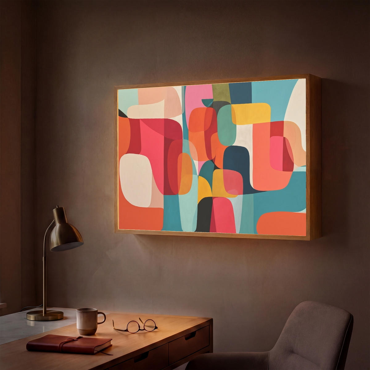 NÁSTĚNNÁ LAMPA S AKUMULÁTOREM Tvary - barevné - abstraktní - letadla 100x70 cm - různobarevná, kompozitní dřevo (100/70/8cm) - OnlyWow
