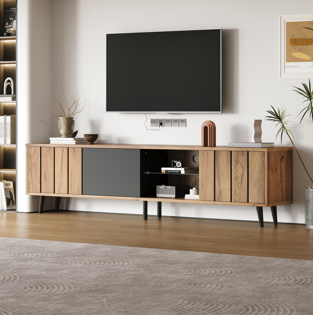TV-LOWBOARD 175/31,5/45 cm mit 3 Türen und Glasfach, für TV bis 75 Zoll, Holzfarben/Schwarz - Hellbraun, Holzwerkstoff (175/45/31.5cm) - Redom