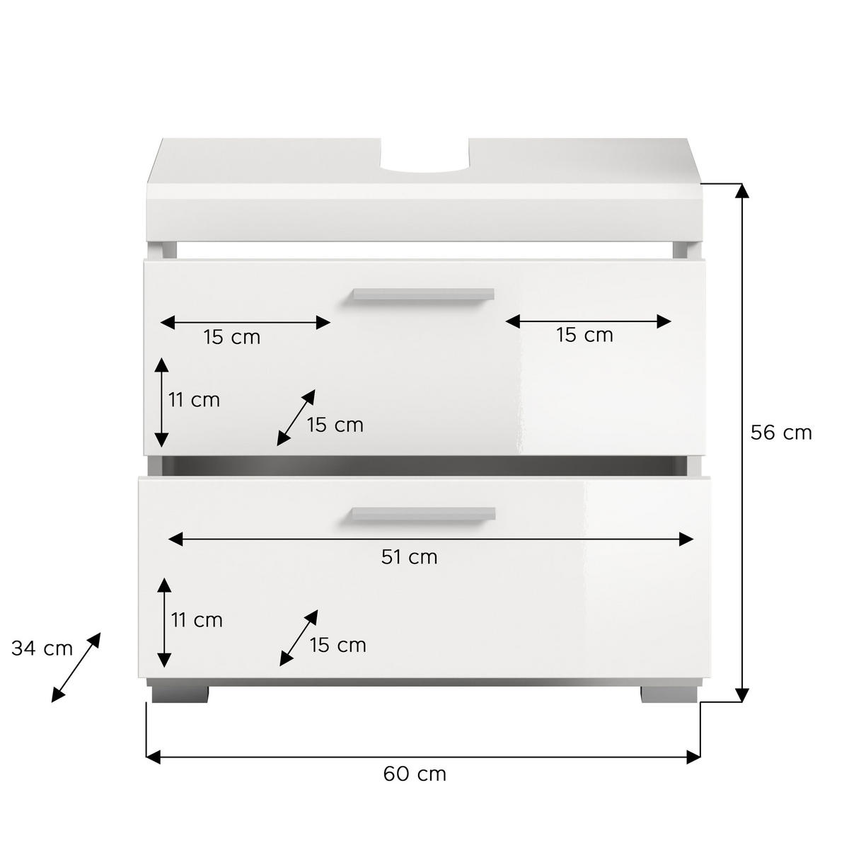 WASCHBECKENUNTERSCHRANK Scout Bad in weiß Nachbildung und weiß hochglanz B/H/T: 60x56x34 cm - Weiß, Holz (60/56/37cm)
