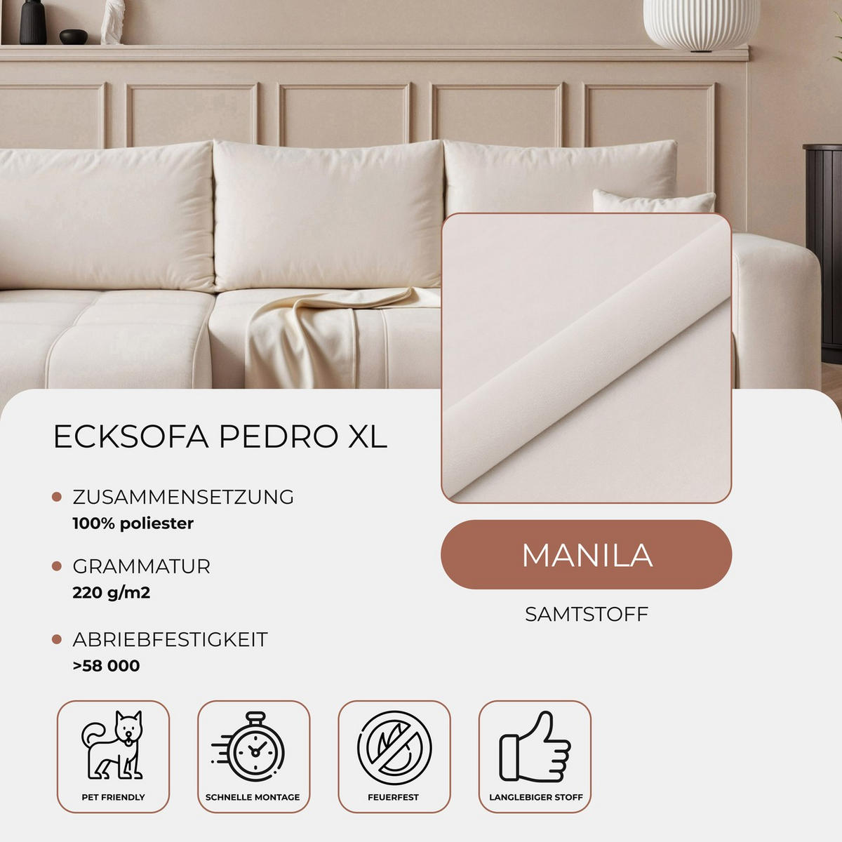 ECKSOFA XL Velours mit Bettkasten und Schlaffunktion - Creme, Holzwerkstoff/Textil (278/145cm) - Idohome