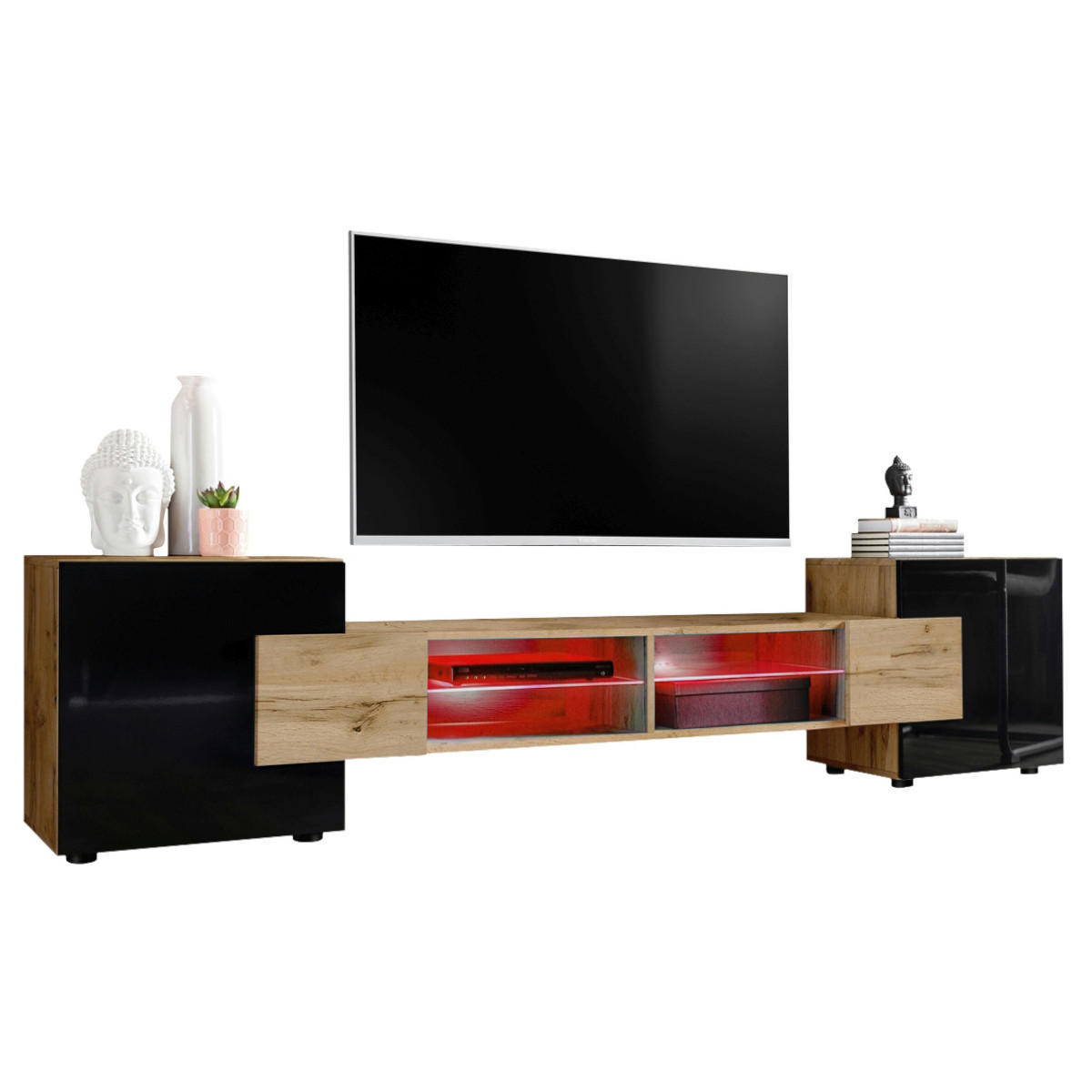 LOWBOARD MERANO Eiche Wotan, LED Beleuchtung Mehrfarbige - Eiche Wotan/Schwarz, Glas/Holzwerkstoff (230/52.5/35cm) - Komodee
