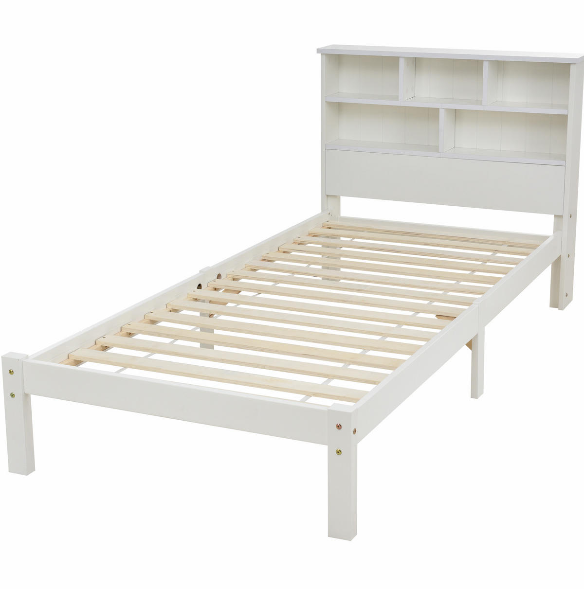 BETT 90/200 cm in Weiß mit Bücherregal-Kopfteil und Schubladen aus Massivholz - Weiß, Holz (90/200cm) - BEAOK